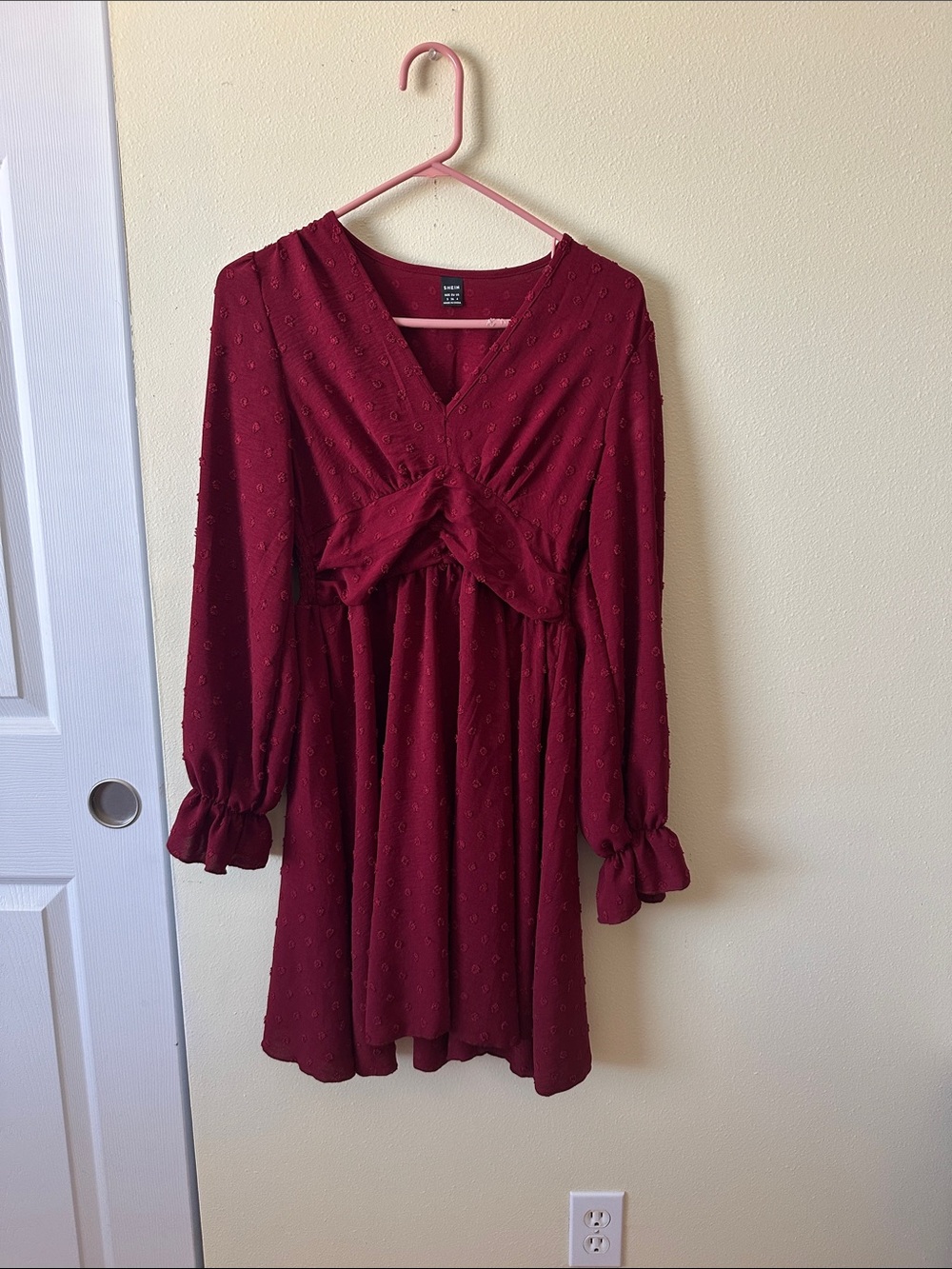SHEIN Burgundy Long Sleeve Textured Knot Front Dress